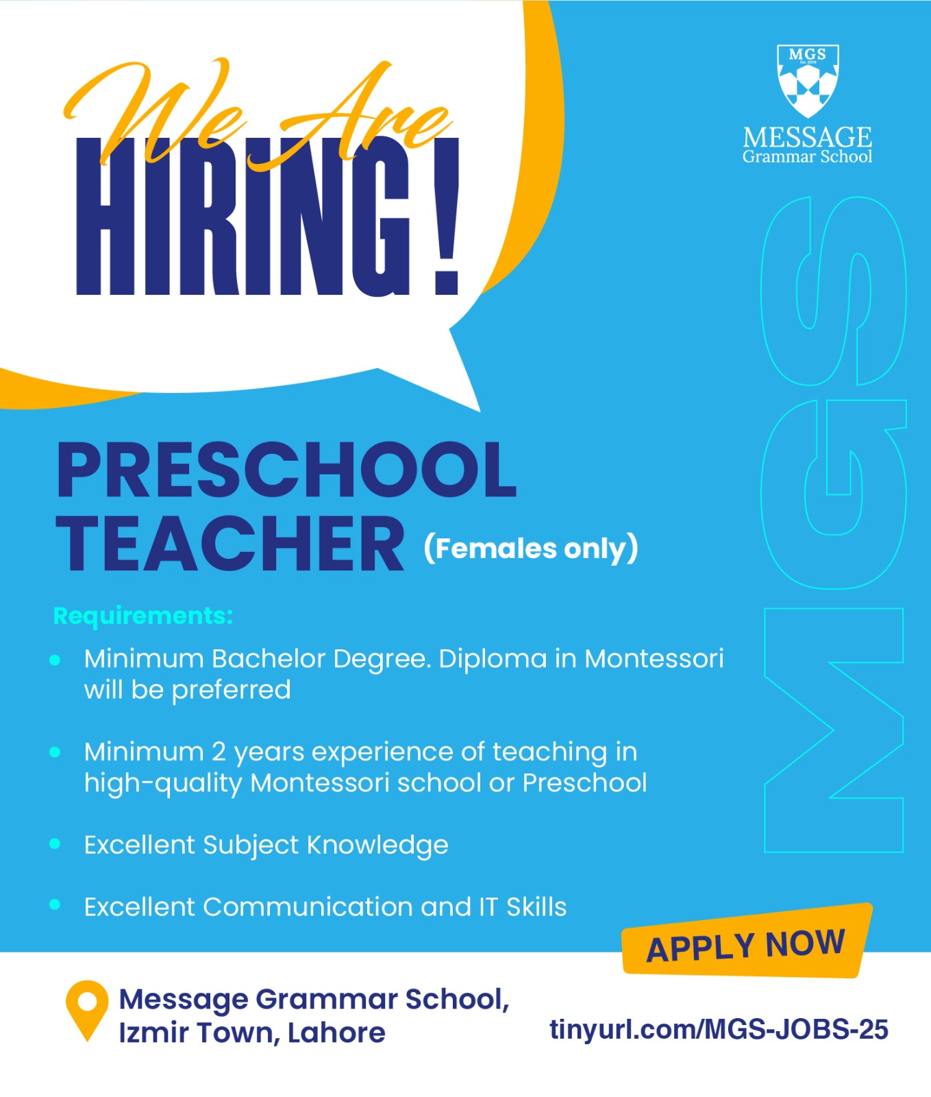 Pre school Teacher (Female Only)