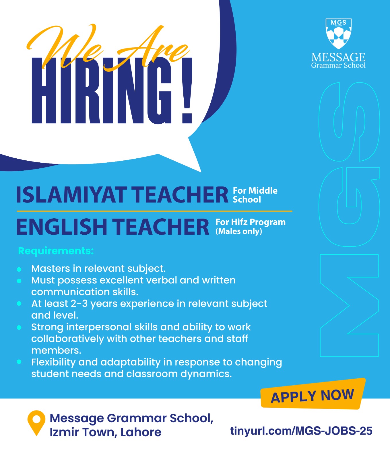 Islamiat Teacher / English Teacher for Hifz